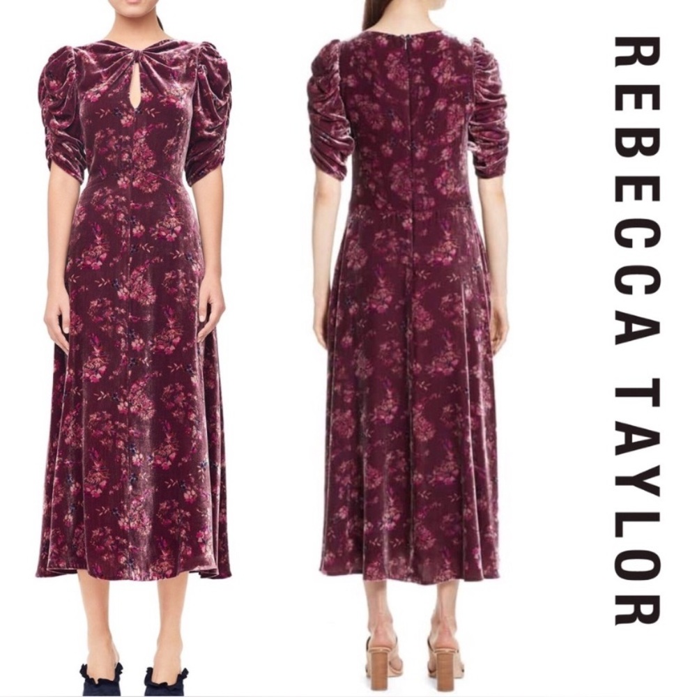Rebecca Taylor Floral Jewel Velvet Silk-Blend Midi Dress‎ Size 8 NWT